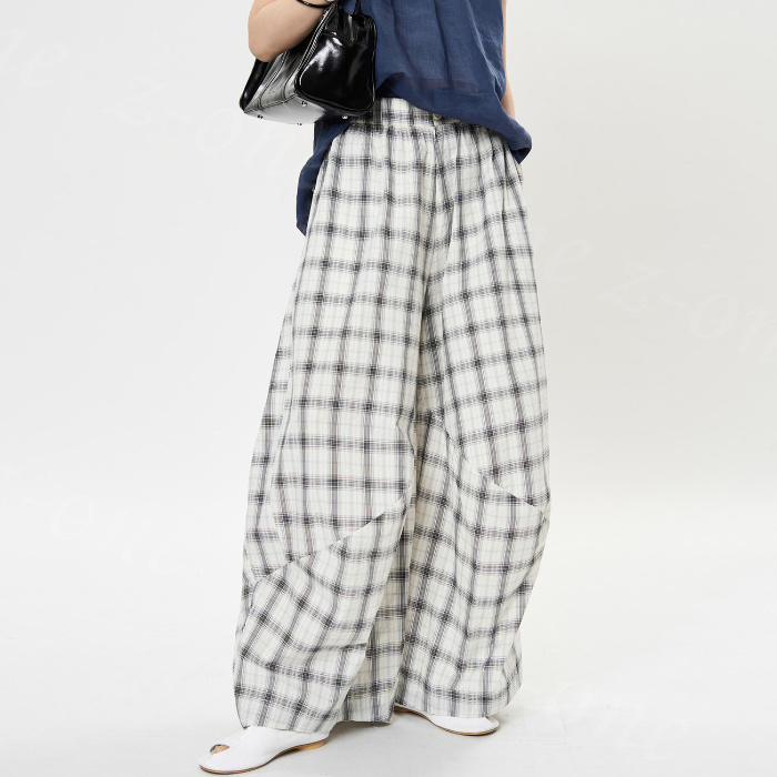 ワイドパンツ チェック レディース 夏 春 ルーズフィット カジュアル