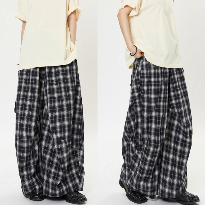 ワイドパンツ チェック レディース 夏 春 ルーズフィット カジュアル
