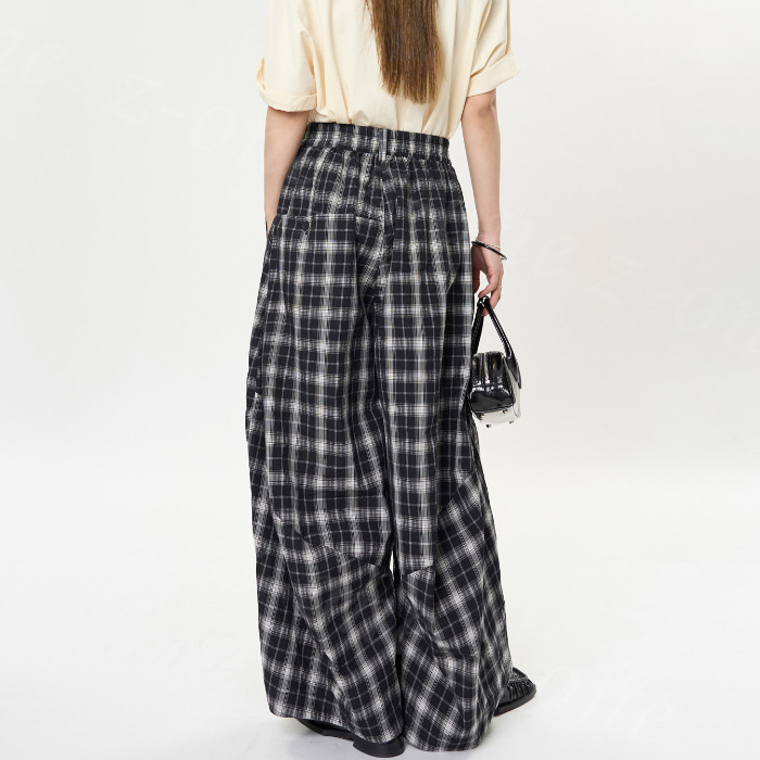 ワイドパンツ チェック レディース 夏 春 ルーズフィット カジュアル