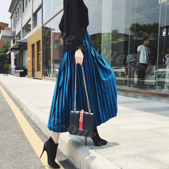 プリーツスカート ベロア ロングスカート 秋冬 新作 ハイウエスト