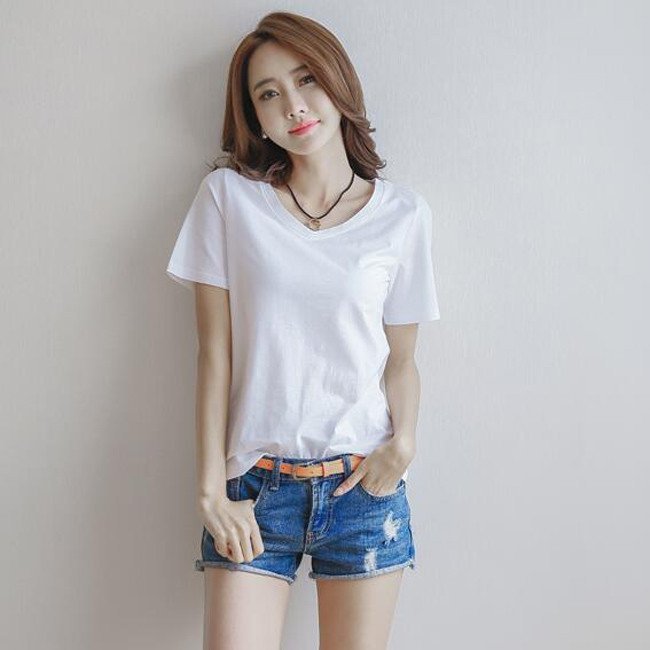 Vネック　Tシャツ　体型カバー　肩だし　カジュアル　普段着 HUG.U Tシャツ レディース 二の腕カバー カットソー 半袖