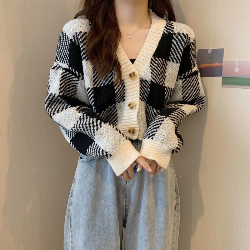 セーター ニット レディース トップス 秋冬 ニットカーディガン チェック柄 厚手 ニット オシャレ きれいめ 開襟セーター カジュアルウエア 大きい チェック柄ボタン付きカーディガン トップス ニット レディース