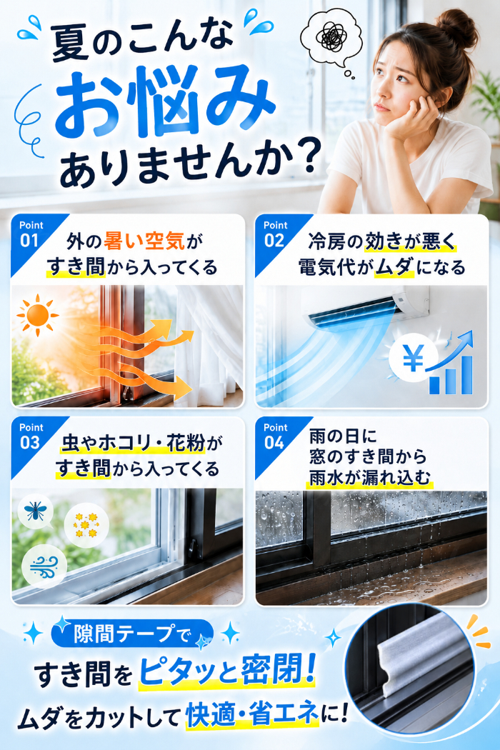 隙間テープ 窓 冷房効率アップ 防音 防虫 防塵 防風 断熱 省エネ 雨