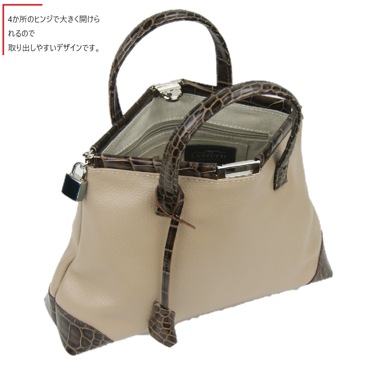 Lanzetti 黒 本革 ハンドバッグ トートバッグ LANZETTI by LEXIAPEL イタリア製 型押しレザー トートバッグ