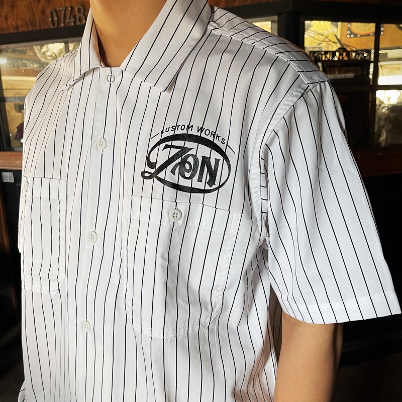 半袖 ワークシャツ オフホワイト×ブラック ストライプ 白 ZON