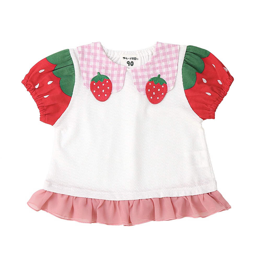 ガールズ Tシャツ 半袖 襟付き いちご イチゴ 苺 刺繍 くだもの 女の子