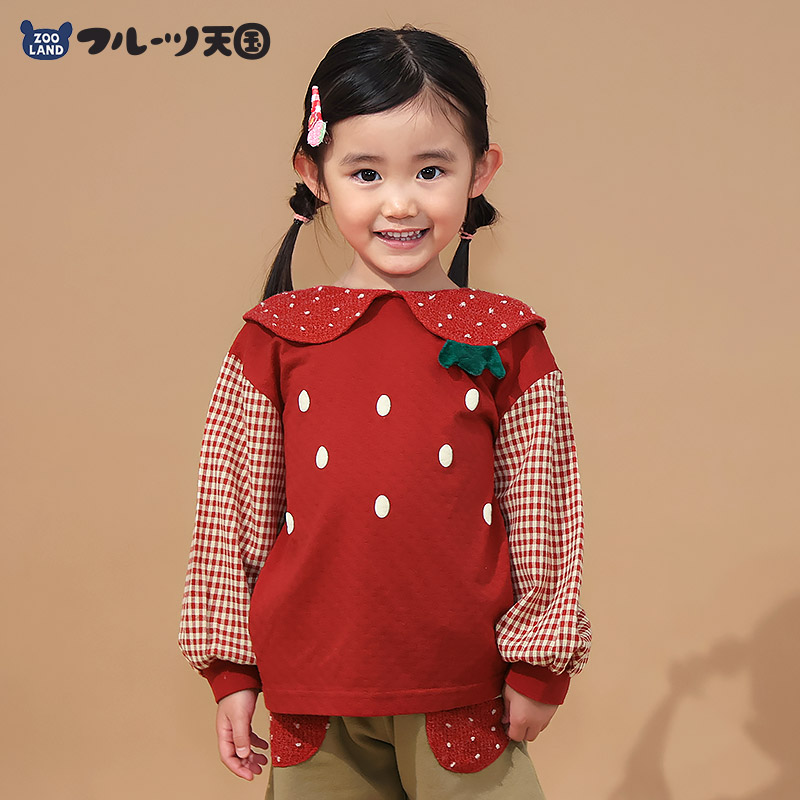 ガールズ イチゴ 襟付き ロンT Tシャツ 長袖 袖チェック 女の子 子供服 キッズ ベビー トップス フルーツ天国 苺 いちご かわいい リブ 切替 リンクコーデ | 