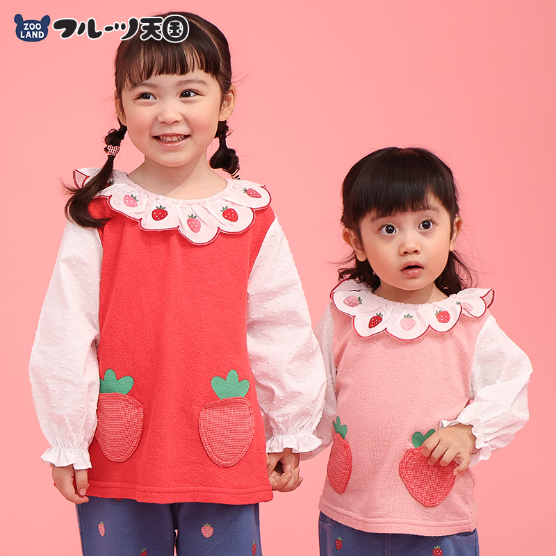 ＃12 着せ替え服【いちごフルーツティ＆ハイハイ赤ちゃん】 キッズ ロンT 長袖 Tシャツ 襟付き チェック フルーツ ベビー服
