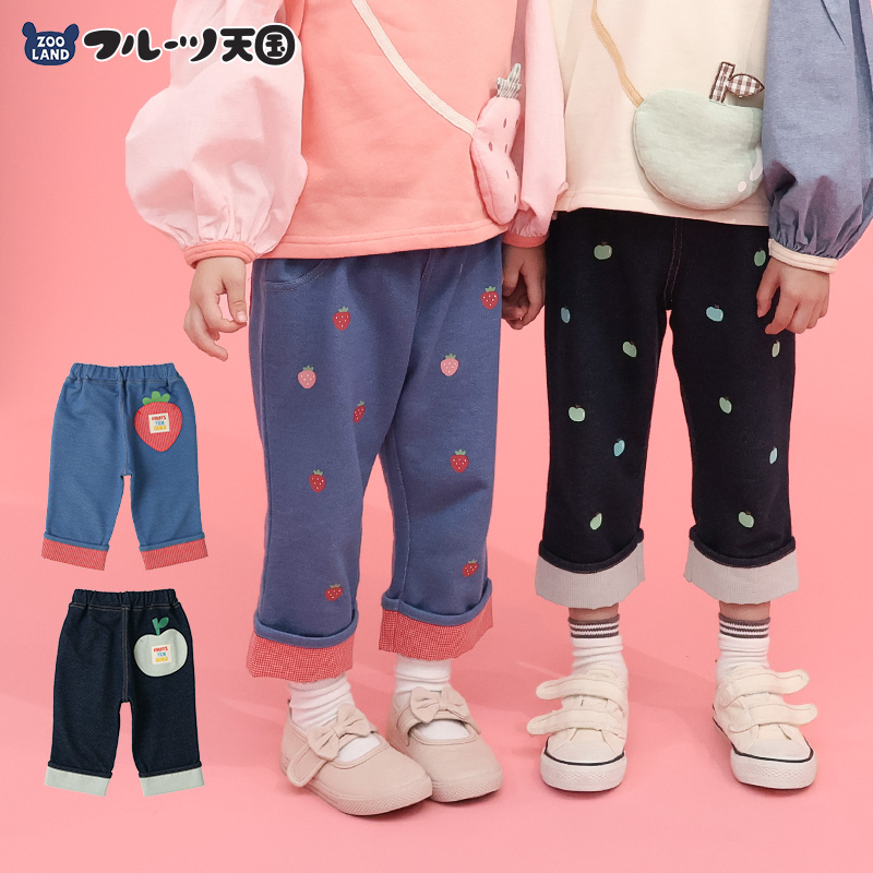 キッズ 7分丈パンツ ニットデニム フルーツ柄 裾チェック ポケット付き