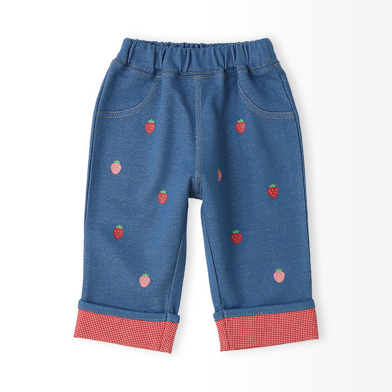キッズ 7分丈パンツ ニットデニム フルーツ柄 裾チェック ポケット付き